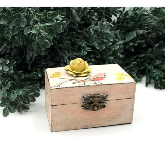 Decorative Wooden Trinket Box With Bird & Yellow Rose Design - Picture 2 of 5